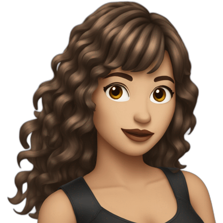 One rockstar girl with wave cascade brunette hair with fringes with quitar emoji