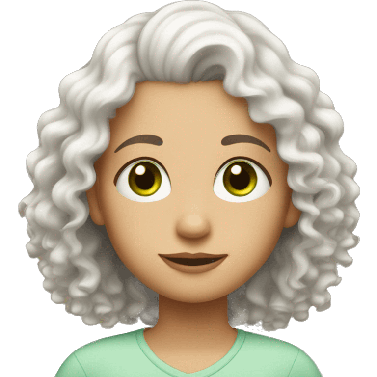 A mother with white curly hair green eyes with her white daughter with brown eyes and curly hair emoji