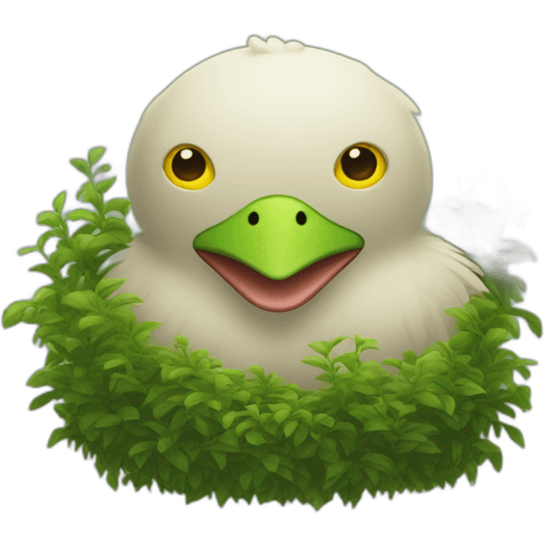 Monster that has a Chicken Head with a woman's face on it, as well as duck feet, waiting in a bush emoji