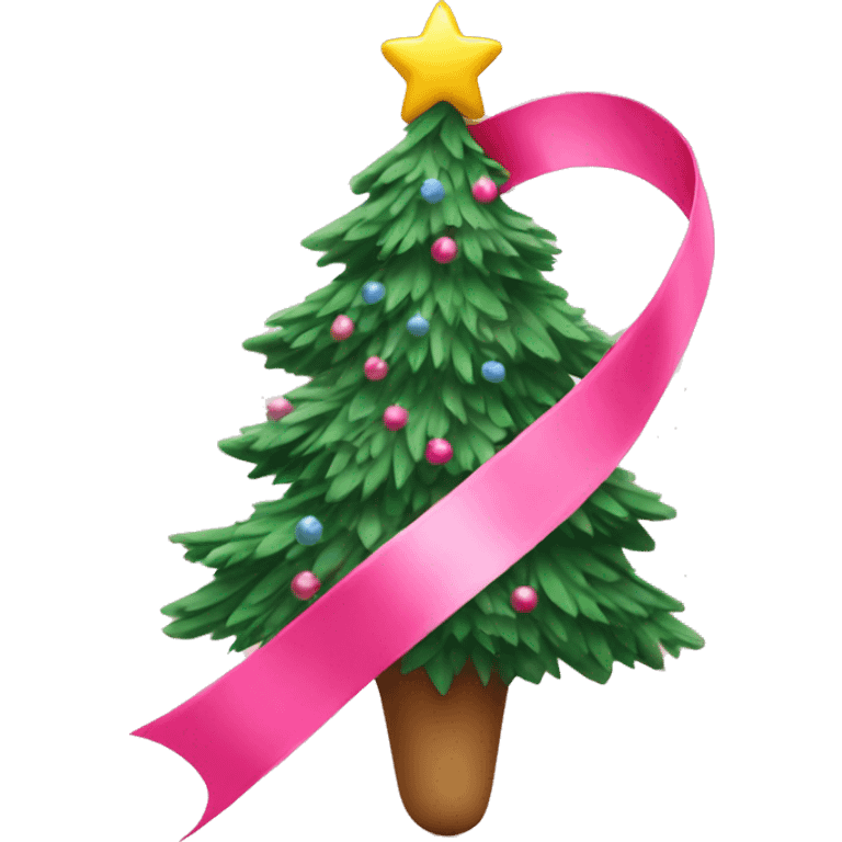 cut pink ribbon with Christmas tree emoji