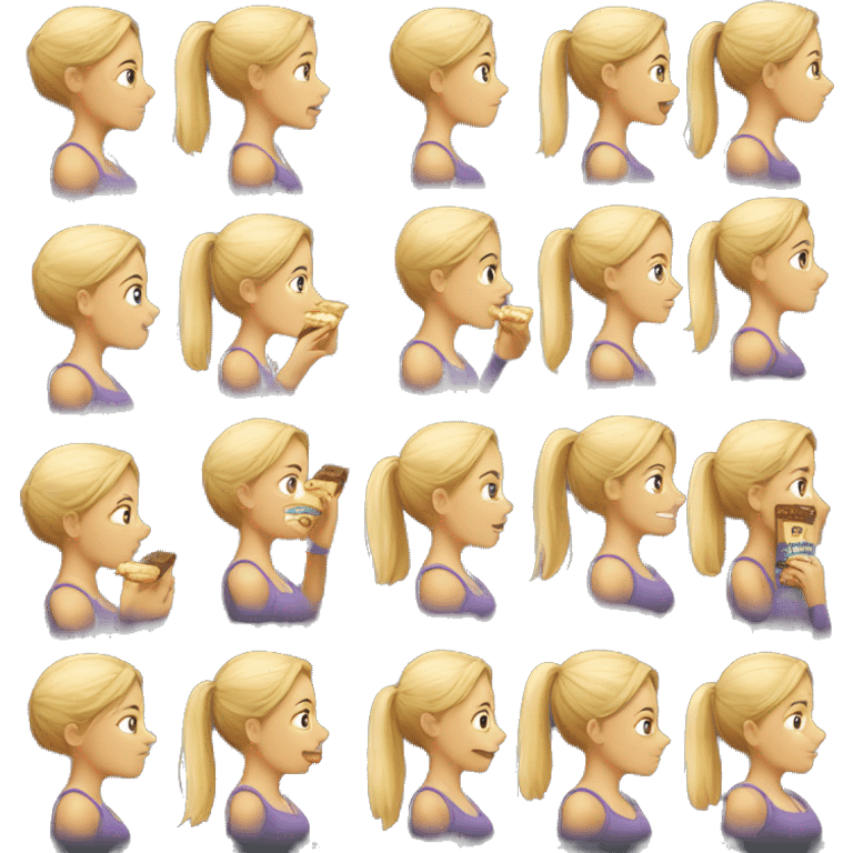 Side view realistic sporty blond girl eating protein bar  emoji