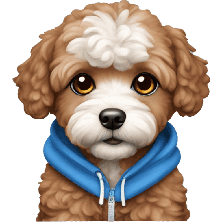 Dog maltipoo red brown color with cutie eyes in blue hoodie emoji