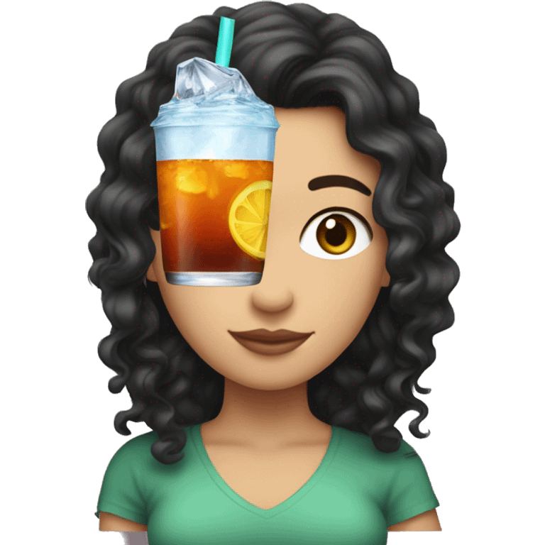 white girl with long black curly hair holding a brisk ice tea emoji