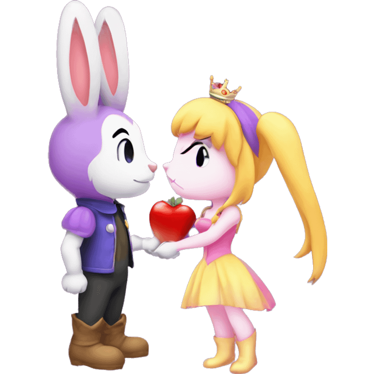 Nabbit the purple theif rabbit boy and Princess Peach kissing each other emoji