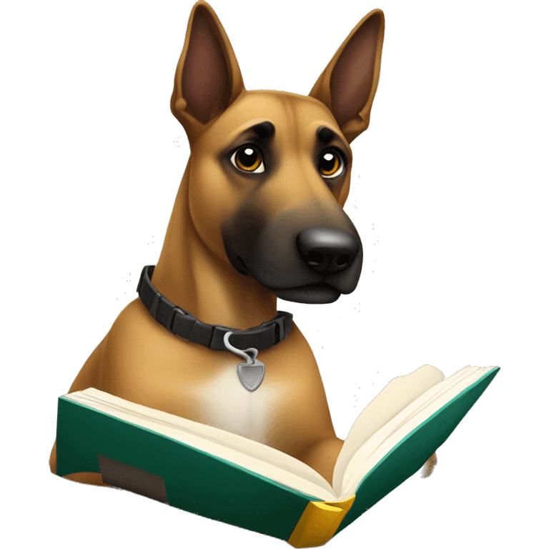 malinois prends des notes avec un livre emoji