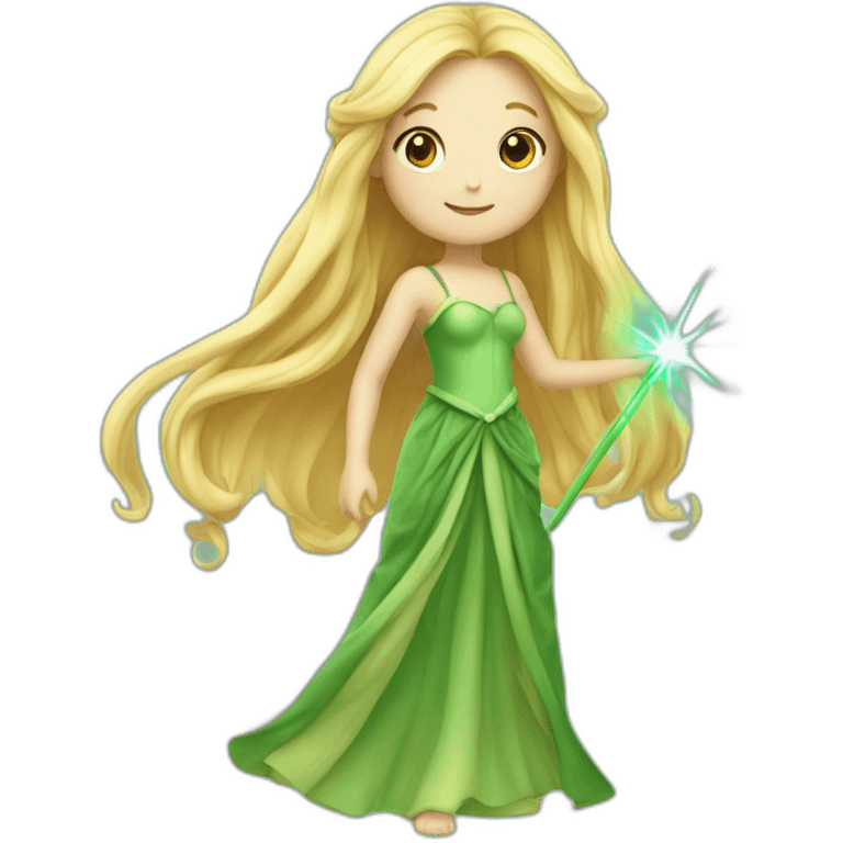 Complete Fairy with long blond hair and green long dress with wand in her hand emoji