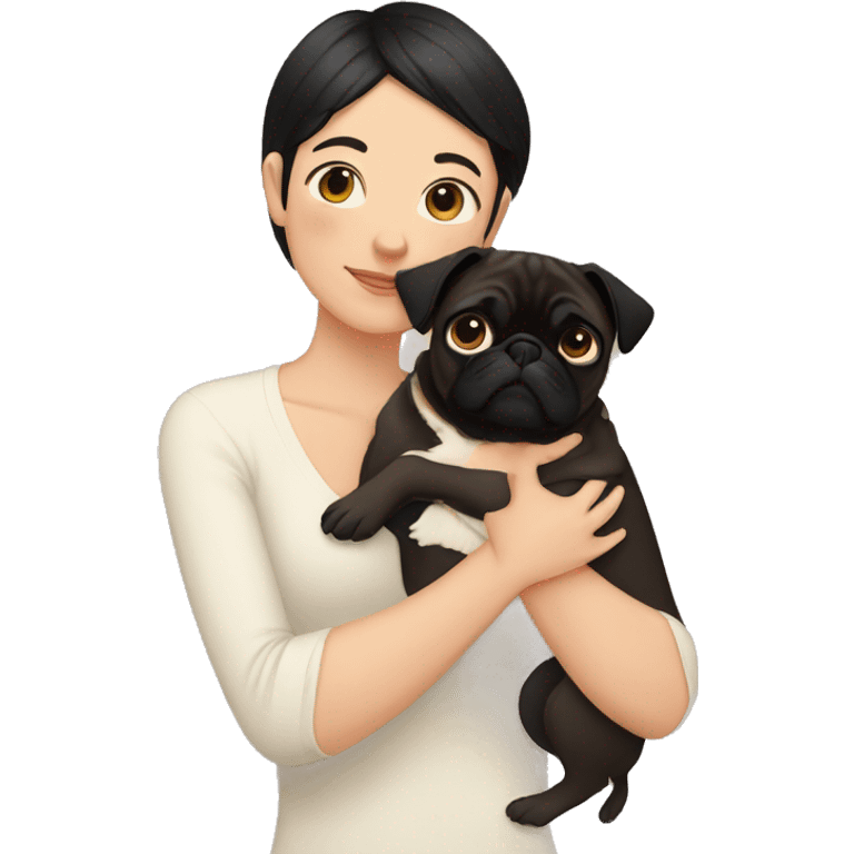 Lesbian woman with dark short hair, causacian skin, hugging a pug emoji