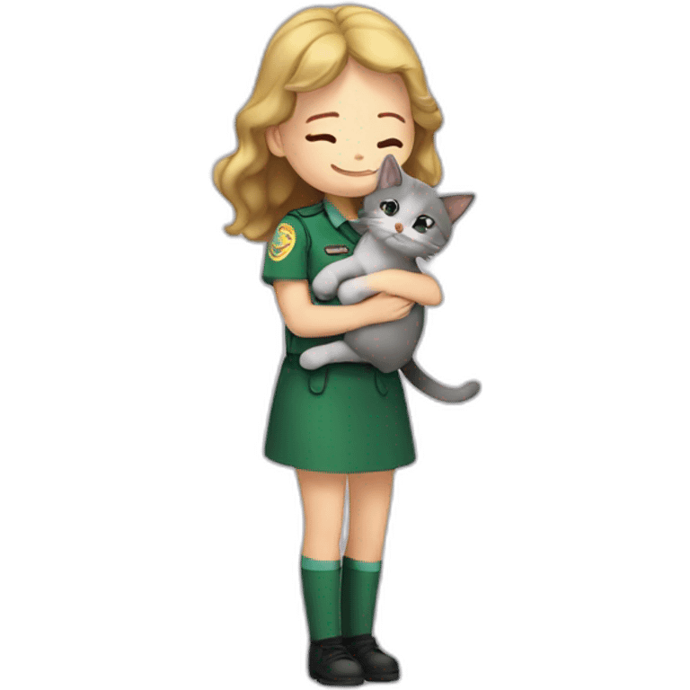 a fair-haired girl hugs a brunette in a green uniform, a gray cat sits below emoji