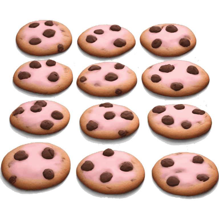 Realistic pink chocolate chip cookies placed on a baking pan. emoji