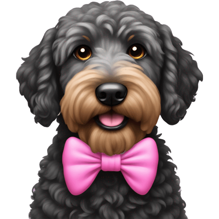 Black golden doodle with a pink bow emoji