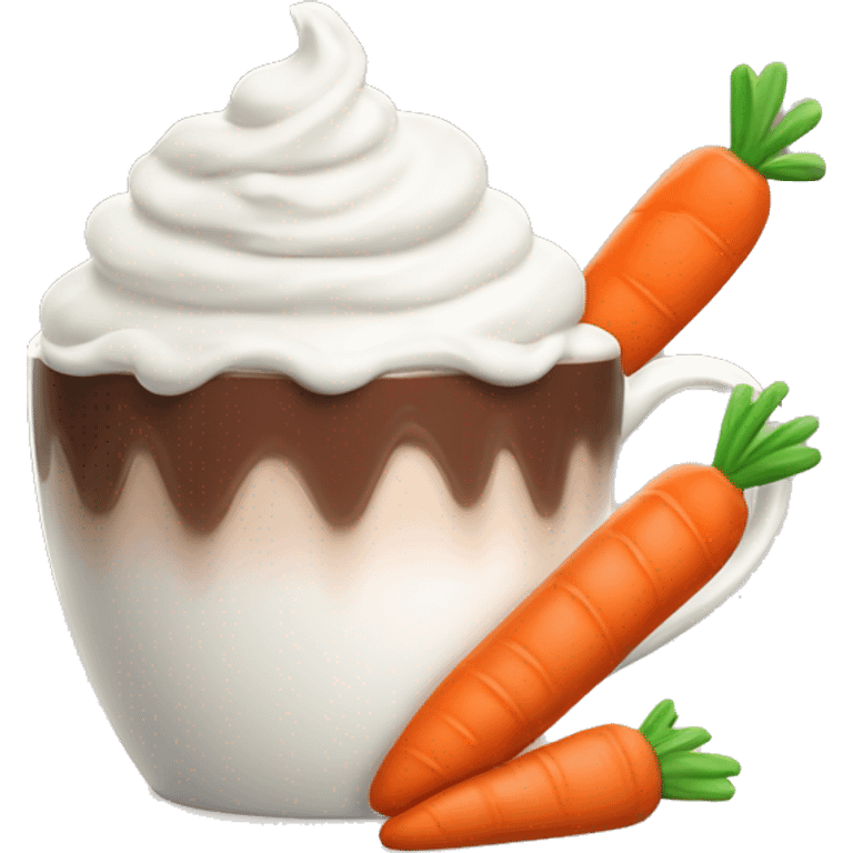 Realistic hot chocolate in pastel color mug with whipped cream on top and a carrot stuck through the whipped cream. emoji