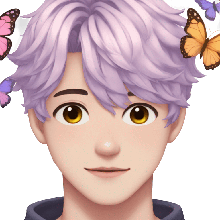 Gorgeous pastel anime style guy with blushing face and butterflies aesthetic trending style emoji