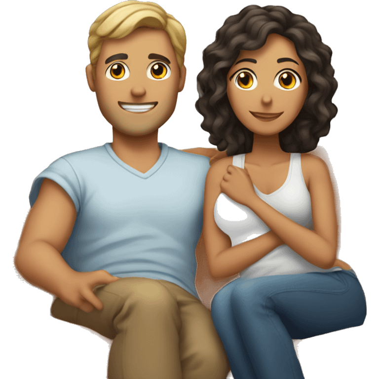 A tanned man with short curly hair and a tanned woman with long straight hair cuddling in a couch with a blanket emoji