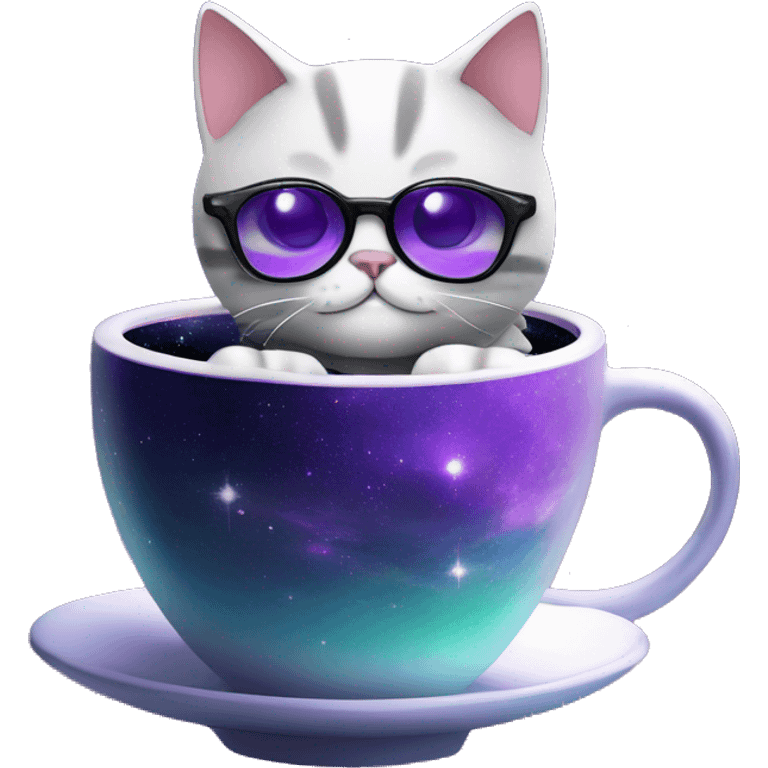 Cute purple hoverpetcat in space in a space ship with cool black glasses on with a cup of coffee by it's side  emoji