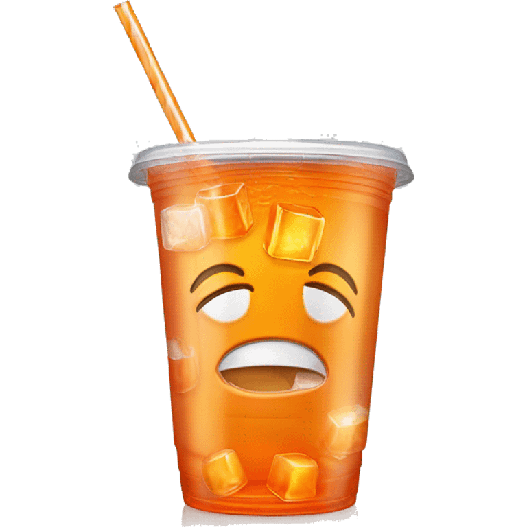 Realistic plastic cup and lid with Transluscent orange soda and large ice cubes inside and one straw through the top of the lid. emoji