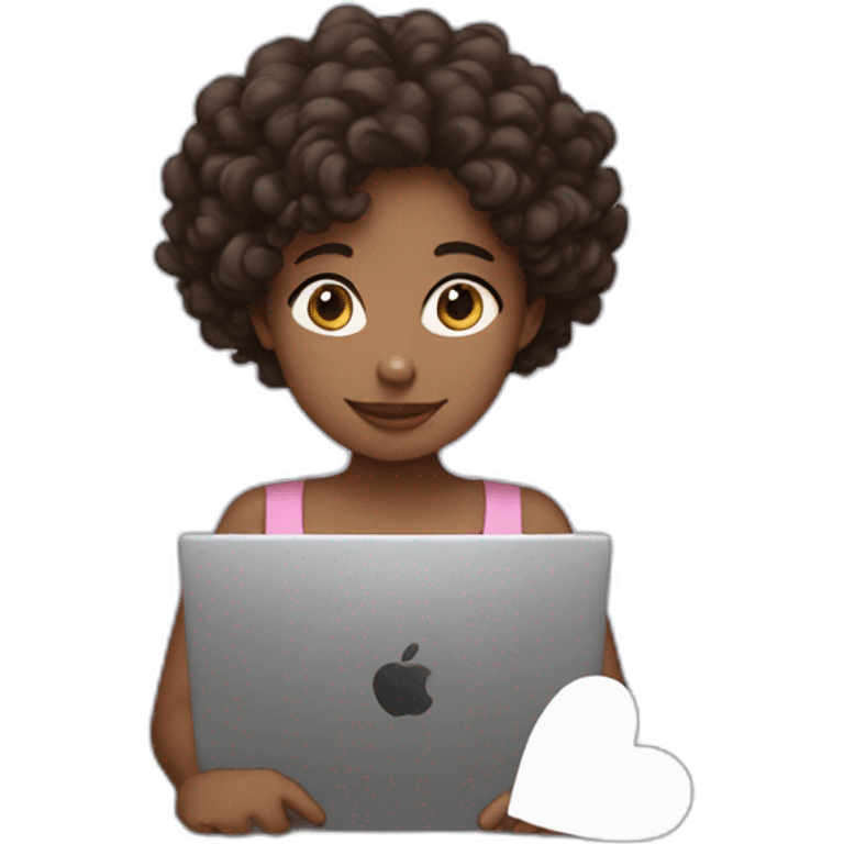 girl with curly dark brown hair with laptop and white hearts back her emoji