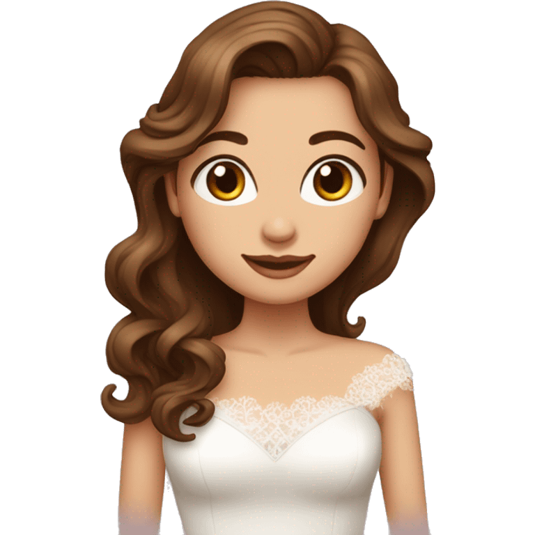 femme en tenue de mariée avec long cheveux bouclé bruns qui descendent un peu sur les épaules et yeux marrons emoji