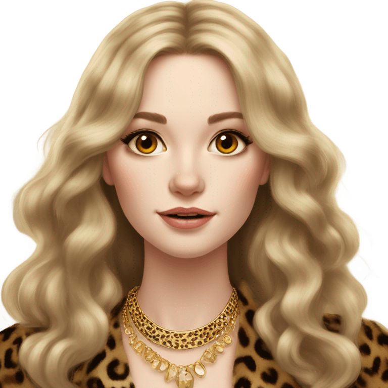 Beautiful pale skin women, long voluminous light brown hair, lots of gold jewelry, leopard fur coat  emoji