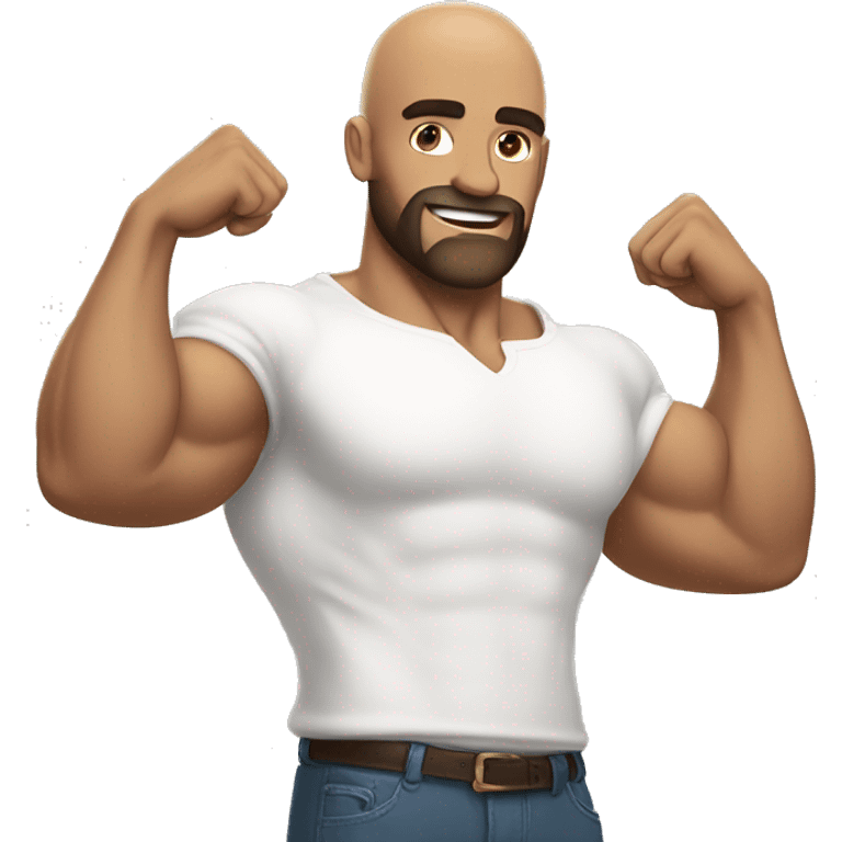 Muscular man flexing, bald, brown beard in a white shirt emoji