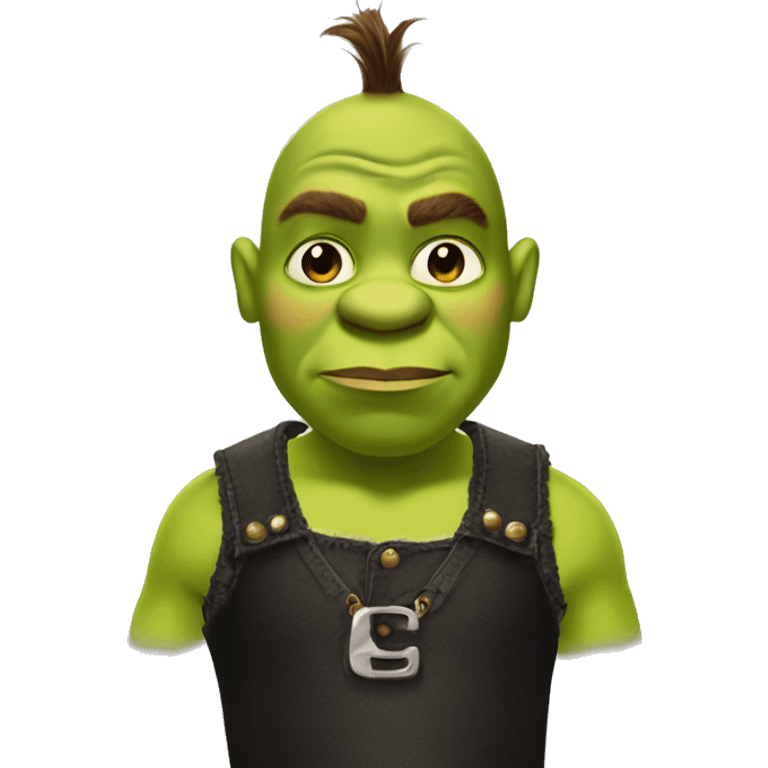 Shrek with short dead hair nose piercings with a black crop top and a Hennessy in his hand emoji