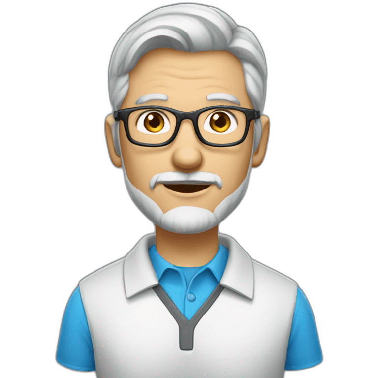 senior software engineer with gray hair including goatee, blue eyes with glasses, wearing a polo shirt.  emoji