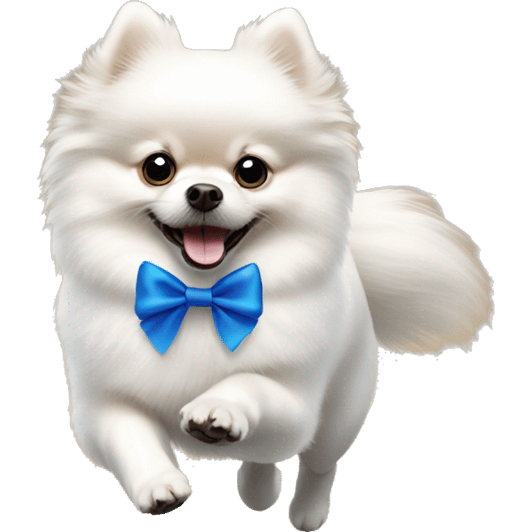 White Pomeranian with blue bow running  emoji