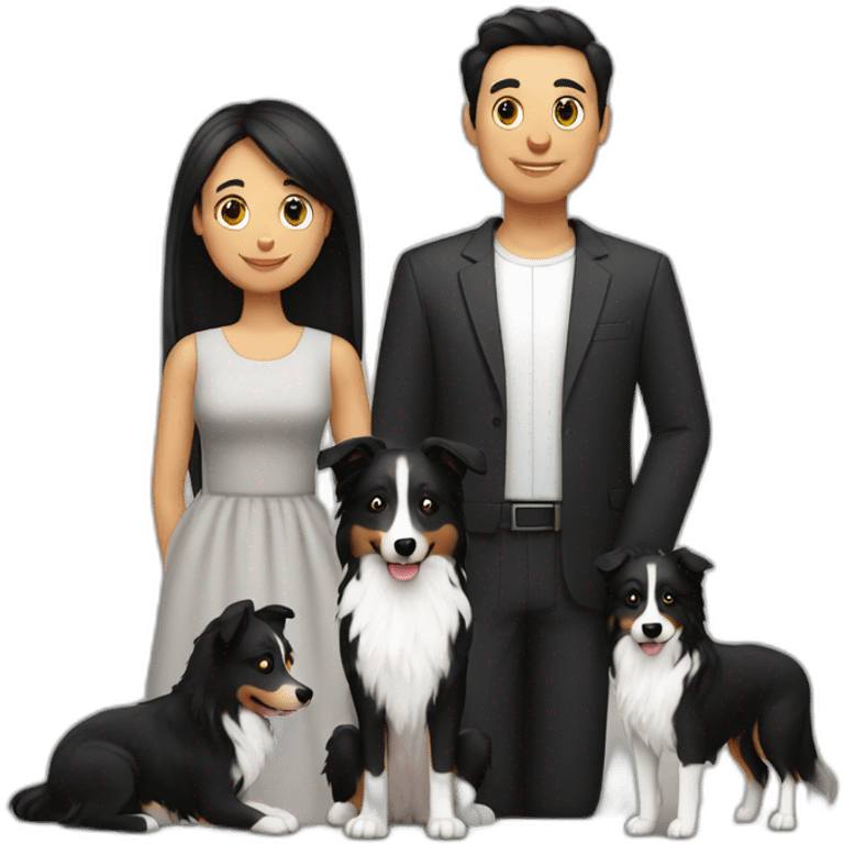 Family formed by a man a woman with long black hay ana a small black border collie emoji