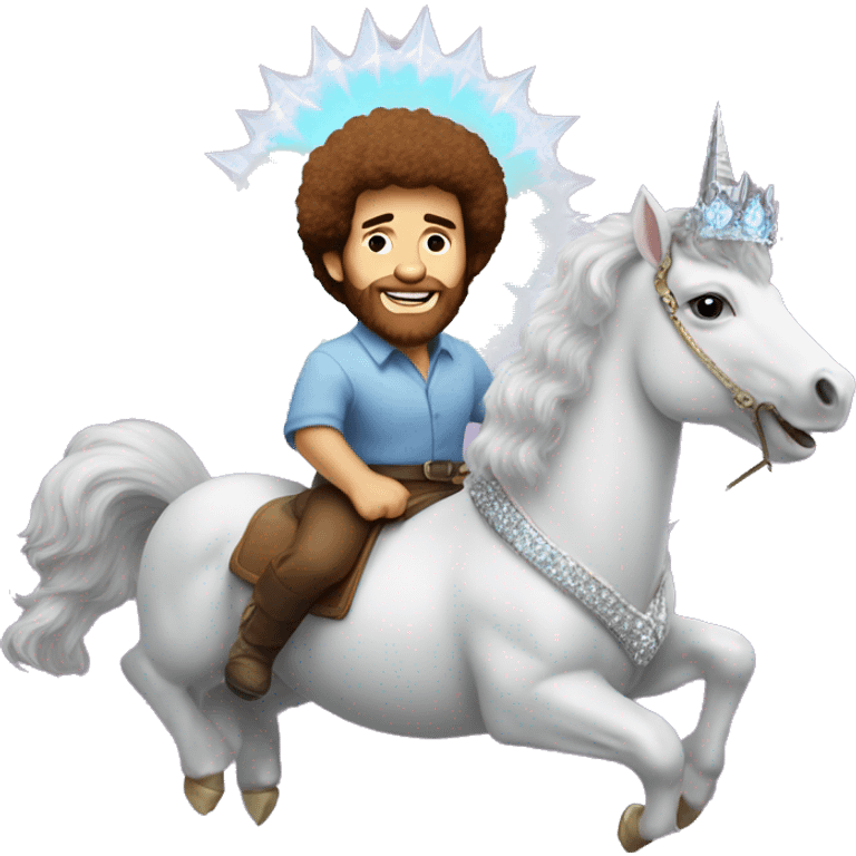 bob ross with a tiara riding a uniorn emoji