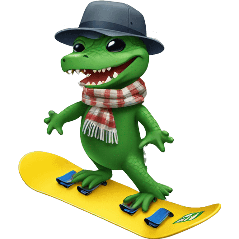 Alligator snow boarding with and hat and scarf emoji