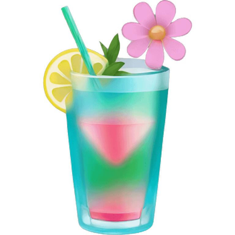 Blue/green cocktail with pink flowers and lemon and straw emoji