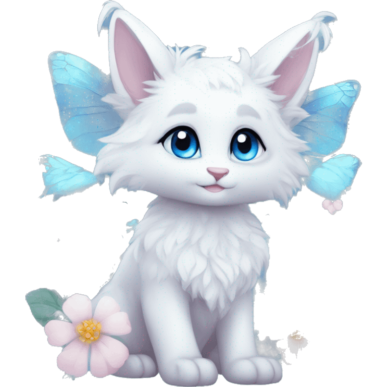 Anthro Cute Cool Kawaii gorgeous sparkly ethereal white fantasy animal creature with blue eyes furry sona with flowers and butterflies beautiful aesthetic emoji