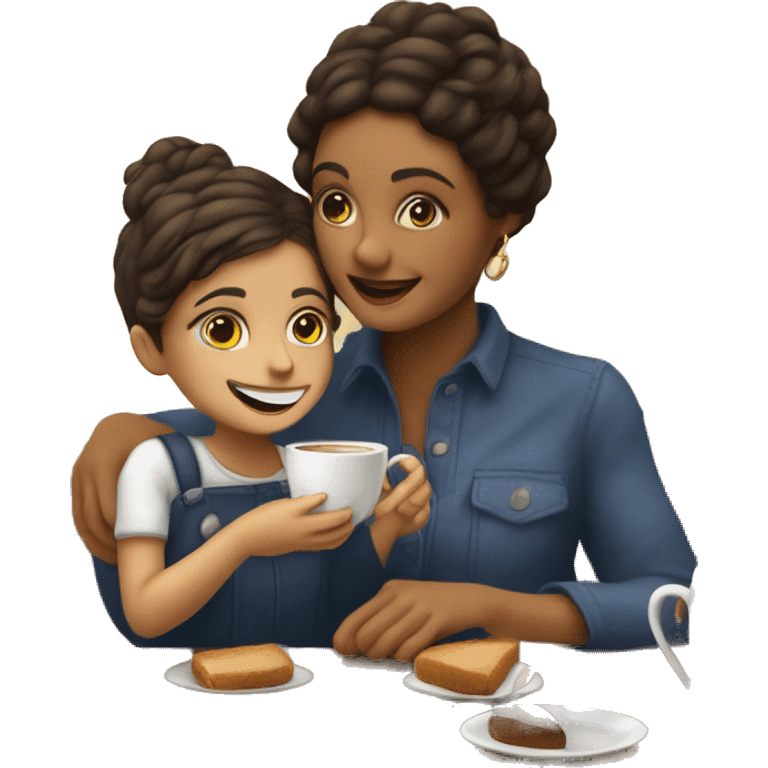 menina loira tomando café com sua filha morena emoji