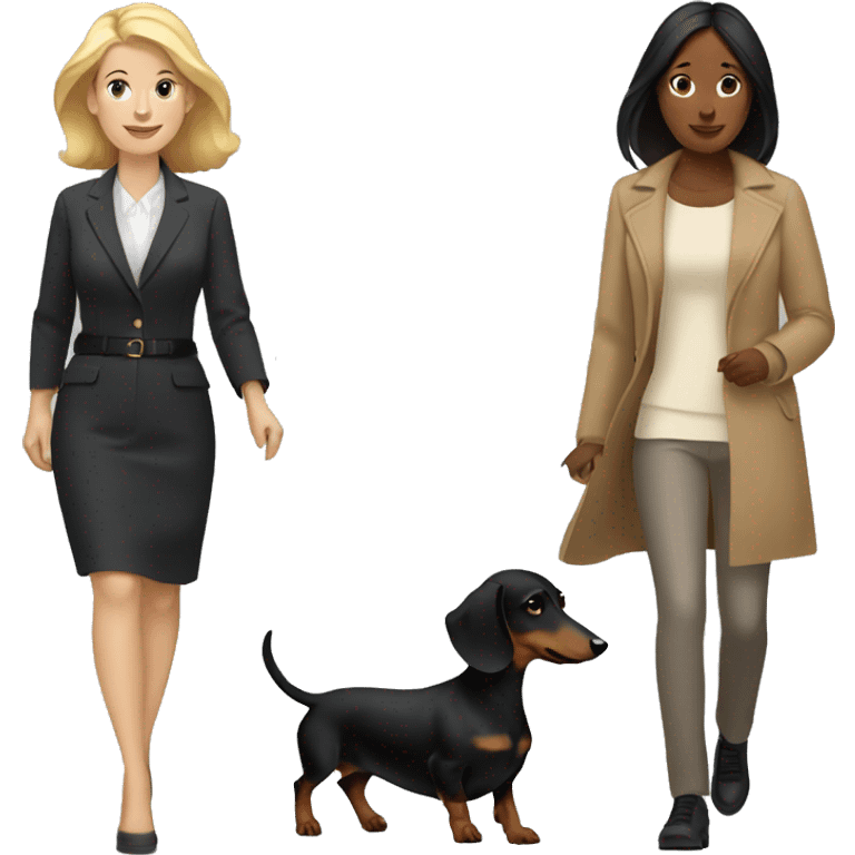 Blonde white woman and Brunette white woman walking black and tan dachshund emoji