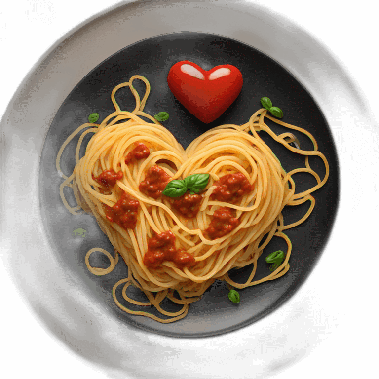 Heart shape spaghetti and sauce on black plate emoji