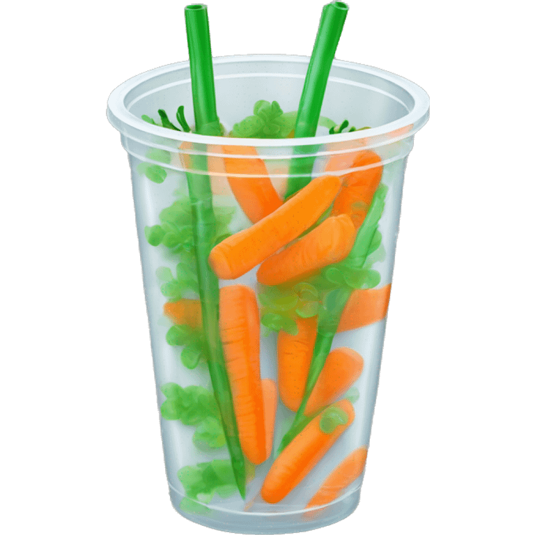 Realistic clear plastic cup half full of orange Transluscent soda with mini carrots floating inside the cup and green curly straw through the top. emoji