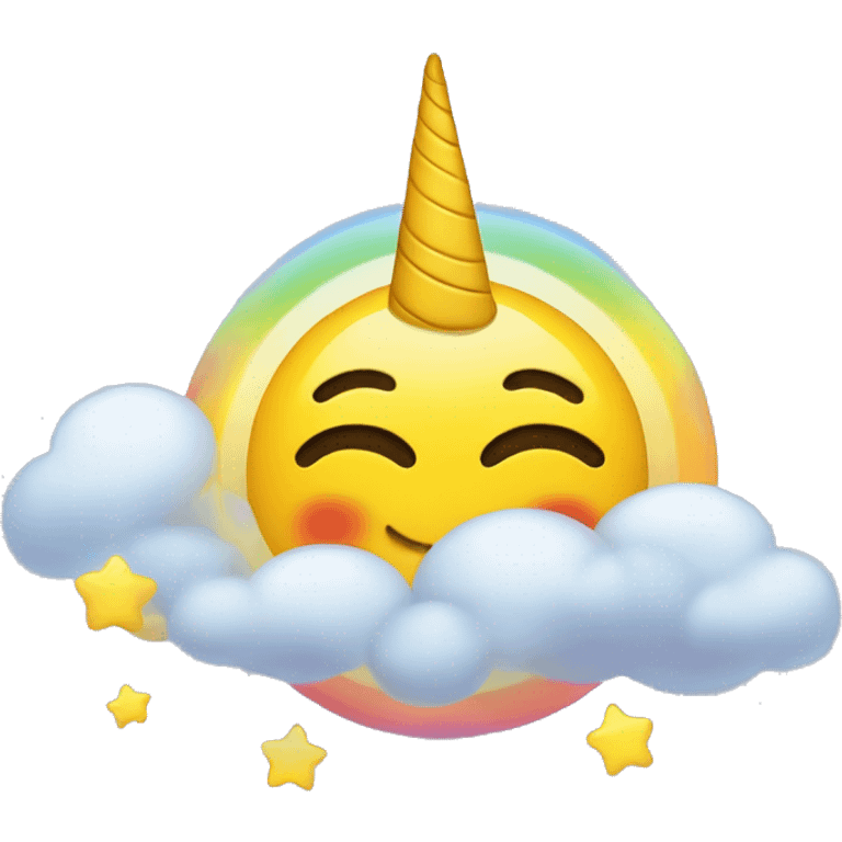 An round emoji with transparent background, of a yellow smiling happy emoji face with closed eyes. Add a unicorn, some clouds, some stars and a rainbow to make it dreamy. emoji