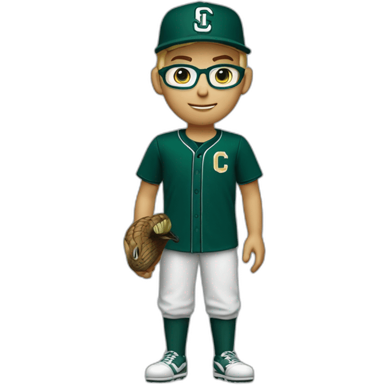 Blonde male short hair with glasses Dark green baseball uniform with hat Blue eyes a cobra snake logo with "C". waist up with a macbook behind the shoulder emoji