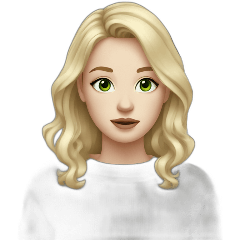 medium blonde girl with eyeliner, green eyes, pale skin and a grey sweater emoji