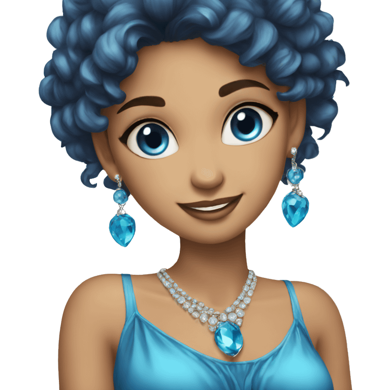 girl with earrings and jewelry, Eroupean, waters, blue dress happy blue eyes, emoji