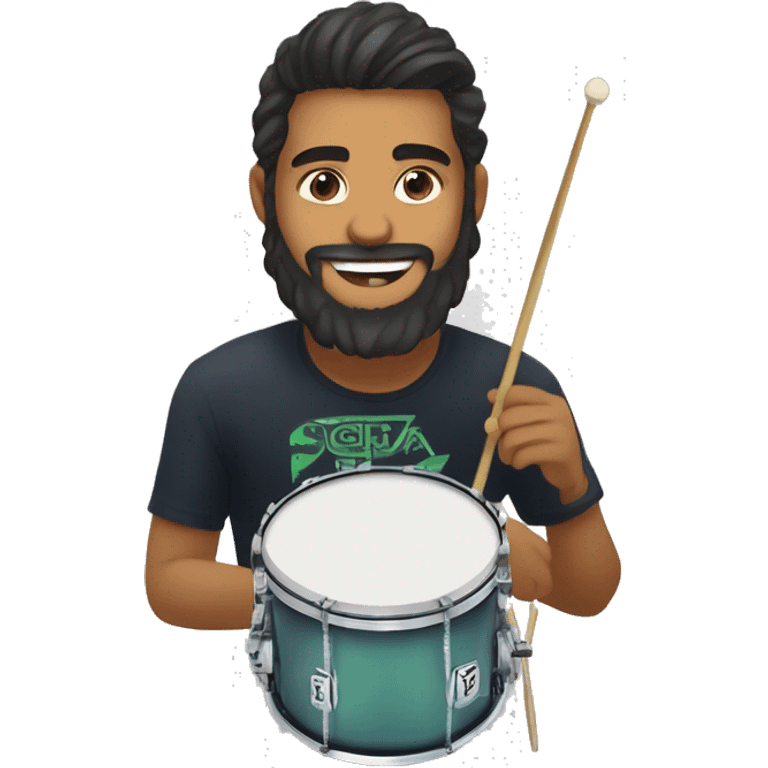 Draw a Brazilian drummer with tied hair and a beard, widely smiling and enthusiastically playing drums during a live stream. The logo "GG Lukas Drummer" should be visible in the background. emoji