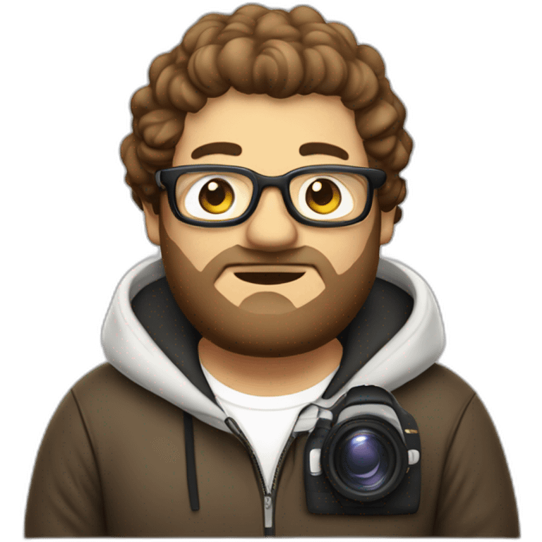 Fat vlogger with camera, hoodie, brown and white hair, rectangular glasses emoji