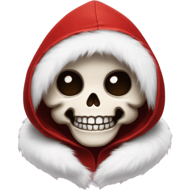 Cute, happy little skull wearing a red velvet hood with fluffy white fur trim. emoji