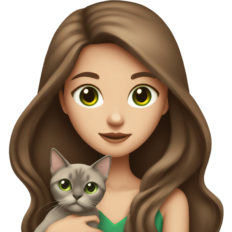 Girl with long brown hair and green eyes holding a Siamese cat  emoji