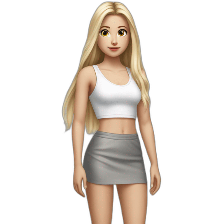 hyperrealist caucasian girl, long straight blonde hair, white v-neck laced crop tanktop, grey tight mini skirt, sneakers, facing camera emoji