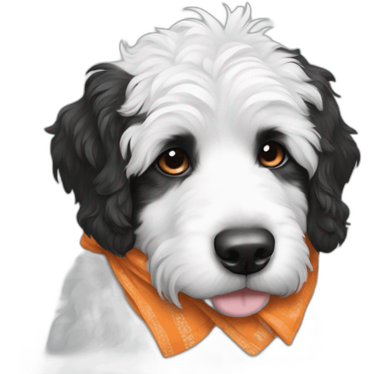 black and white bernedoodle with a pumpkin and bandana emoji