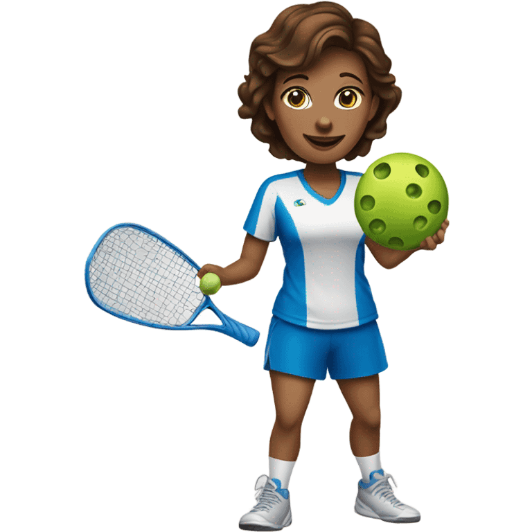 Woman with brown hair and blue eyes playing pickleball emoji