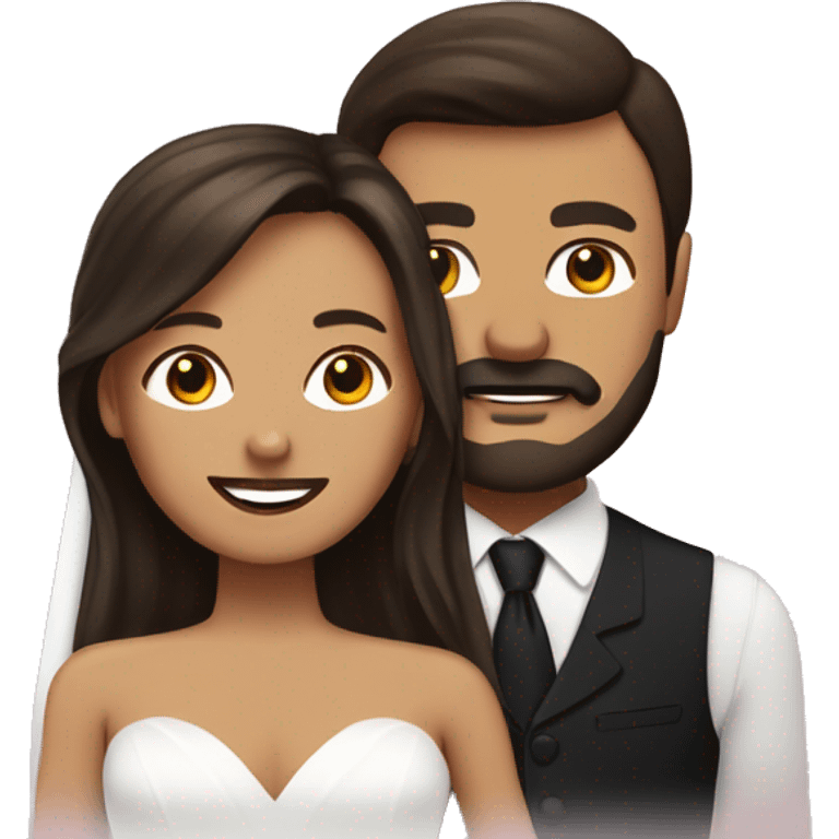 Wedding couple with woman with tan skin, black shoulder length and man with brown hair, beard moustache emoji