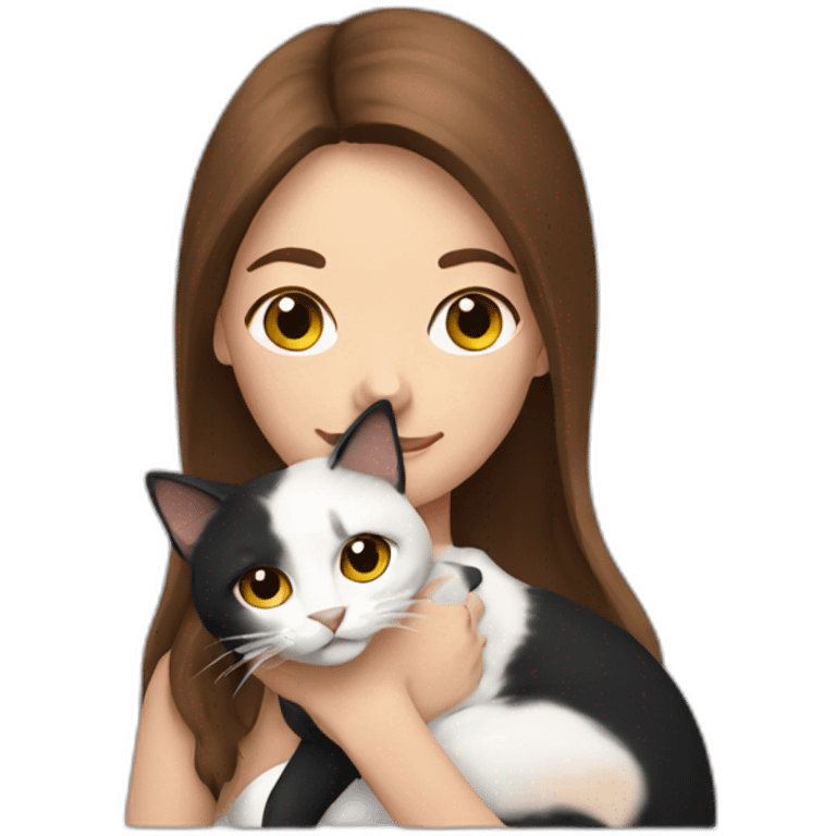 A white woman with long brown hair holding a black and white cat emoji