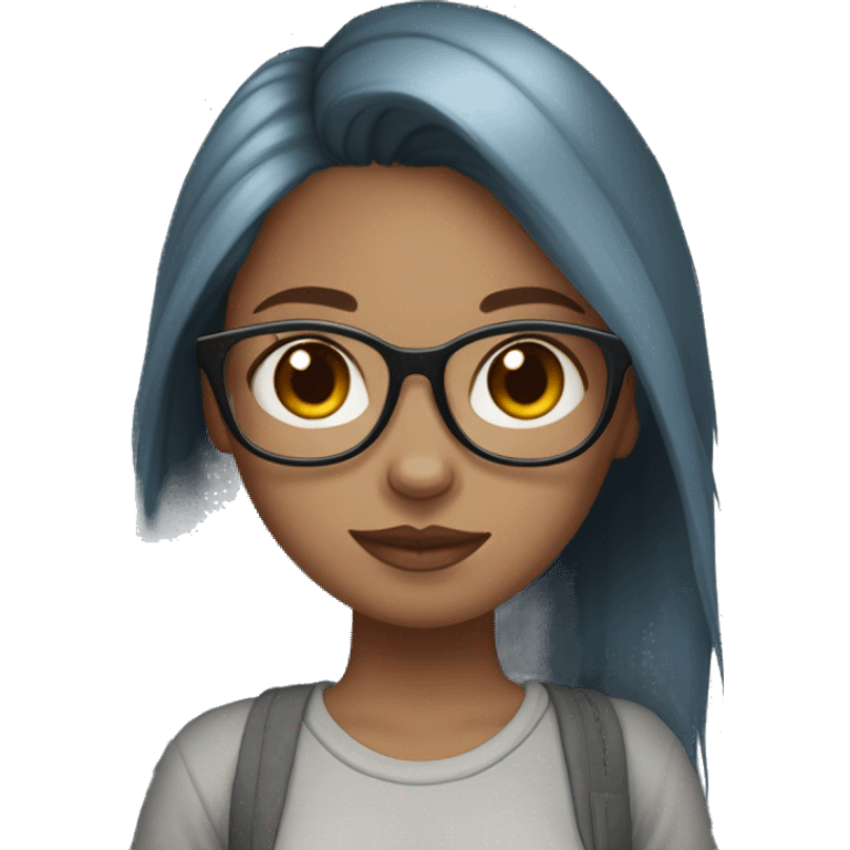 A blue eyed, straight medium length hair red headed girl with light skin, black glasses, a nose ring, holding an all grey cat  emoji