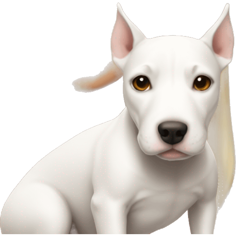 girl with long blond hair and brown eyes with a white bull terrier emoji